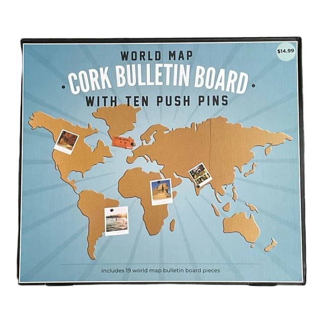 WORLD MAP CORK Bulletin Board Notes Reminders Photos with Push Pins New £5.80 PicClick UK