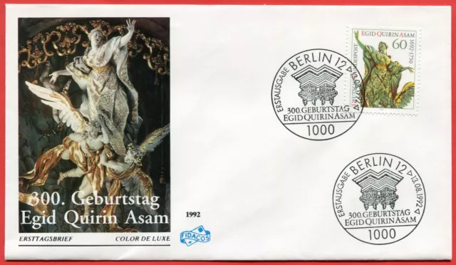BRD 1624 Ersttagsbrief, Berlin 10. 8. 1992, 300. Geburtstag von Egid Quirin Asam