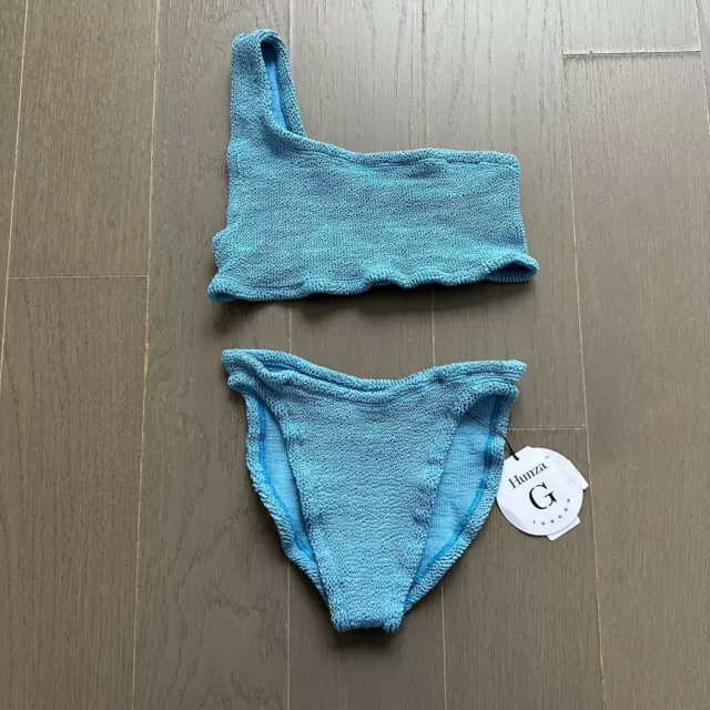 NWT Hunza G Nancy Bikini Set Sky Blue One Shoulder Knit Crinkle NEW