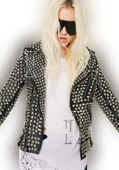 Handmade women Black Punk Full Silver Studded Cowhide Leather Jacket Sale!!