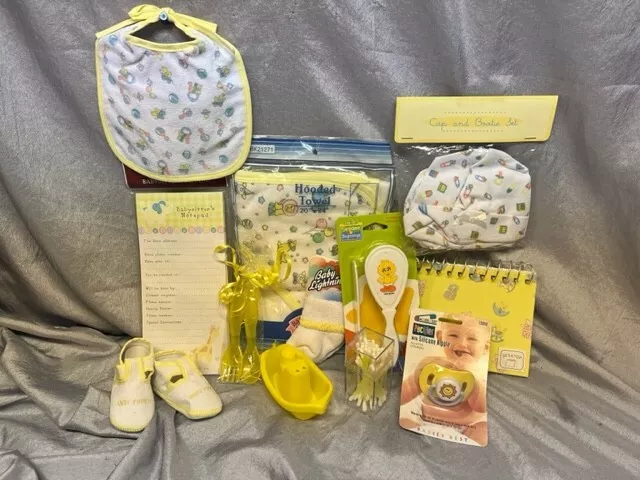 Wholesale Lot Of 12 New Yellow Baby Items - Bib, Towel,Socks,Booties, Brush,Paci