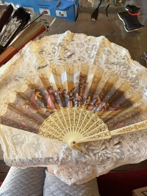 Vintage cloth & lace platic  fan  18" wide