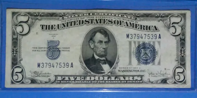 *1934-C ! $5 Silver Certificate! VF. CIRC. ! OLD US CURRENCY ! NICE !