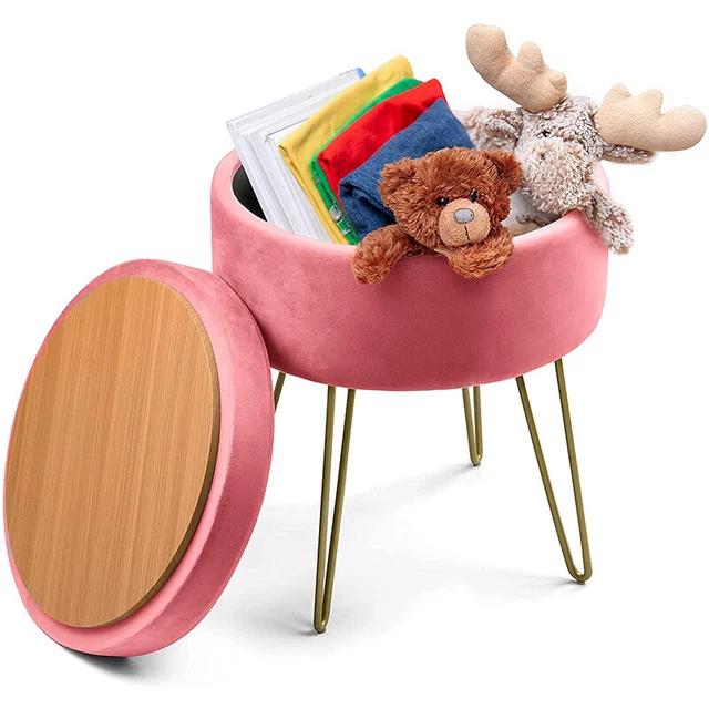 Round Storage Ottoman Folding Bench Seat Velvet Footrest Stool w/ Cover Bedroom