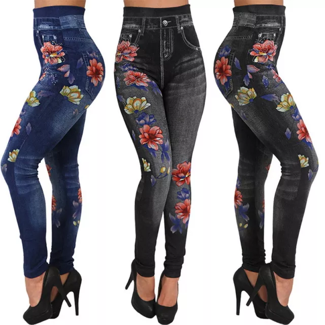 Ladies Print Jeggings Womens Stretchy Denim Look Skinny Jeggings Leggings Pants.