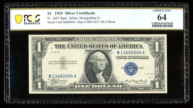 DBR 1935 $1 Silver Fr. 1607 MA Block PCGS-B 64 Serial M13660004A