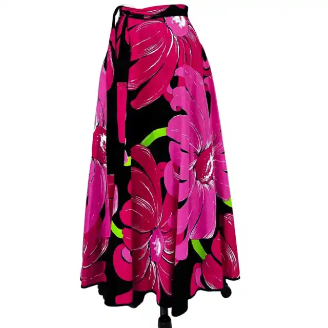 Stunning 70s VTG Hot Pink & Black Floral Wrap Maxi Skirt Marimekko Style O/S