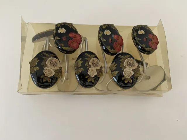 11 Vintage Decorative Shower Curtain Hooks Oval Floral Black Rose 3" READ