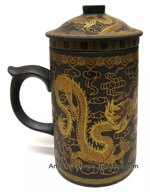 Chinese Yi Xing Clay Tea Mug With Lid & Removable Strainer - Gold Dragon - Brown