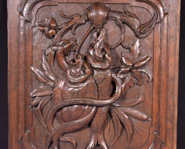 *French Antique Deeply Carved Oak Wood Panel with & Fish Hunting Salvage 5