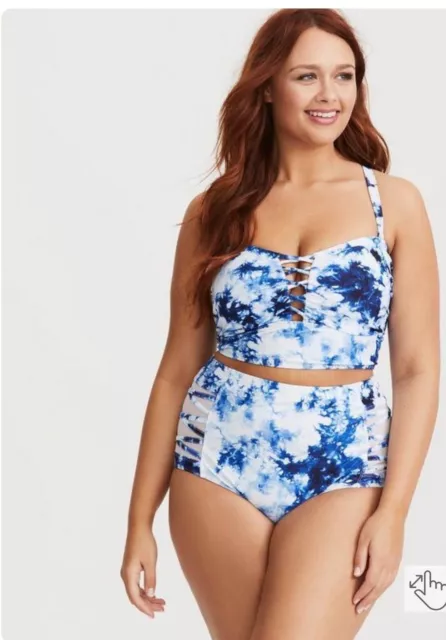 Torrid Wireless Lattice Front Bikini Top Blue Tie Dye Size 2