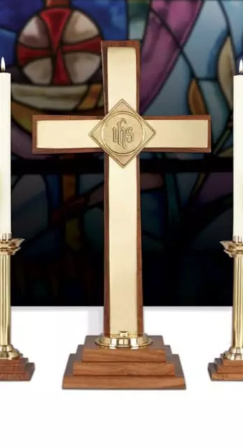 Solid Brass Oxford Wood Base Altar Crucifix For Church Sanctuary Use 24 In