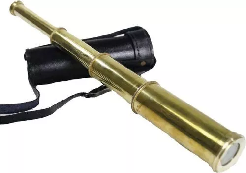 15" Solid Brass Handheld Telescope - Pirate Spyglass with Black Leather Case