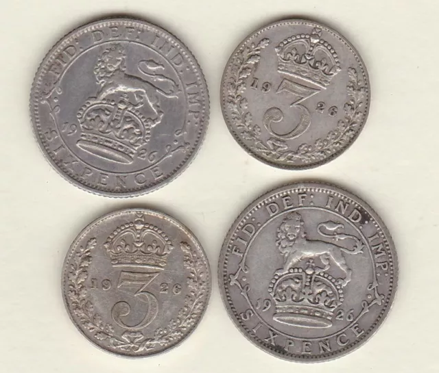 Four 1926 First & Modified Head Silver Sixpence & Threepence Coins In Fine +