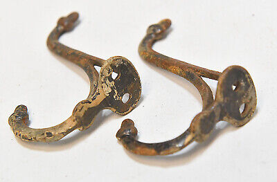 2 Vintage Matching Metal Acorn Tip Wall Coat Or Hat Double Prong Hooks 3