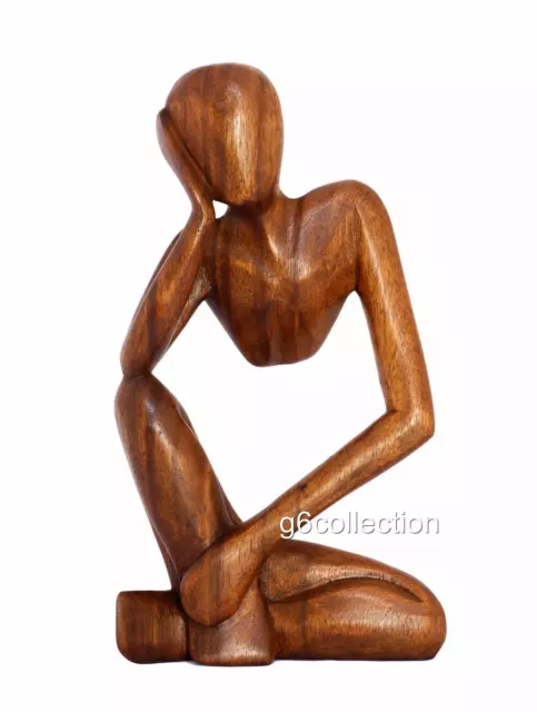 12" Wooden Hand Carved Abstract Thinking Statue Wood Thinker Sculpture Figurine