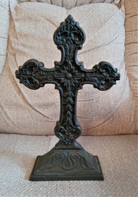 Cast Iron Cross Altar Crucifix Free Standing 10.5 Inches Tall Rustic Patina