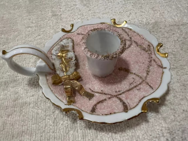 Lefton Chamberstick Candle Holder Pink Sugar Porcelain Gold Bow Japan, Vintage