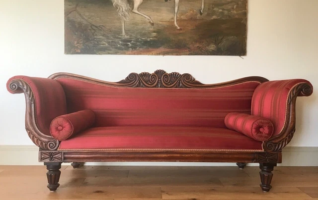 Regency scroll end Sofa statement piece, antique in dark pink regency stripe