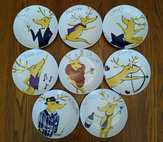 Vtg Pottery Barn Santa's Reindeer Appetizer Plates 2003 Set of 8 Lunch Salad 7"
