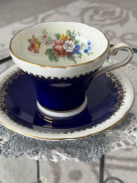 Aynsley Cobalt Blue Floral Bouquet And Garland Tea Cup & Saucer Set