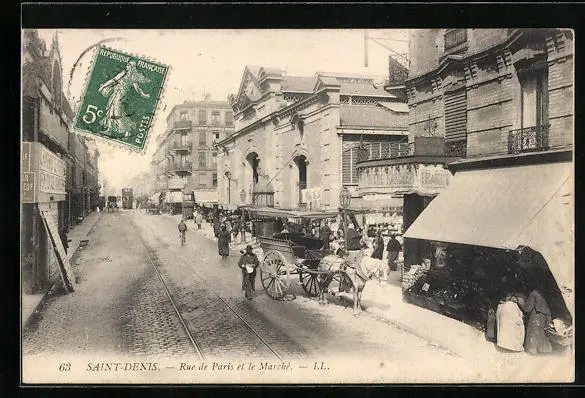 CPA Saint-Denis, Rue de Paris et le Marché 1909