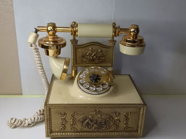 Vintage DECO-TEL French Victorian Style Rotary Dial Phone Ivory Gold Untested