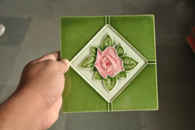 4 Pc Vintage Majolica Flowers & Diamond Art Nouveau Architecture Tiles,Japan 3