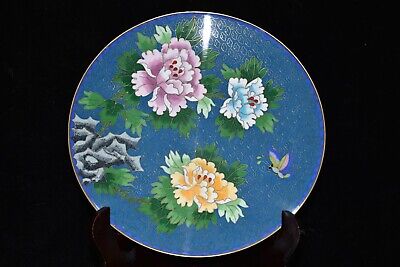 10.2'' Chinese Cloisonne Copper plate flower Butterfly tray old Brass plate