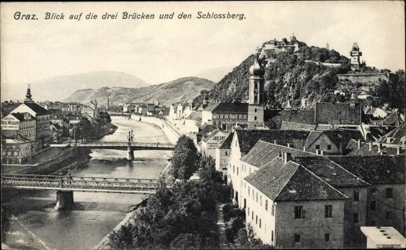 Ak Graz Steiermark, Drei Brücken und Schlossberg - 3789014