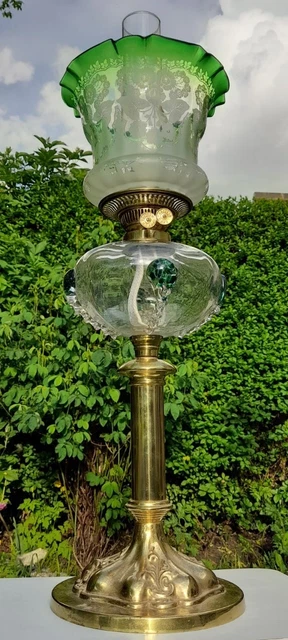 Art Nouveau Victorian Brass/Glass Oil/Paraffin/Kerosene Lamp, Chimney, Shade