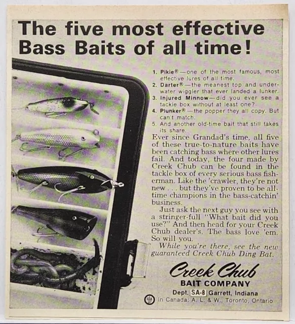 1965 Creek Chub Bait Pikie Darter Plunker Fishing Print Ad Garrett Indiana