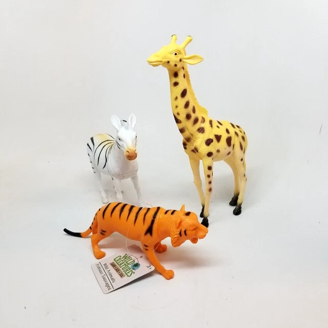 LOT OF 3 Plastic Safari Jungle Animals Tiger Zebra Giraffe Zoo PVC