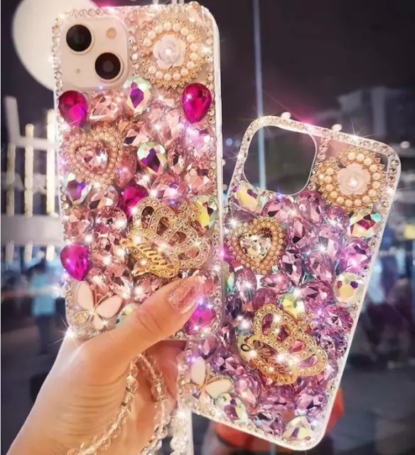 For iPhone 15 14 13 Pro Max 12 11 XS X Case Bling Diamond Rhinestone Cover Chain