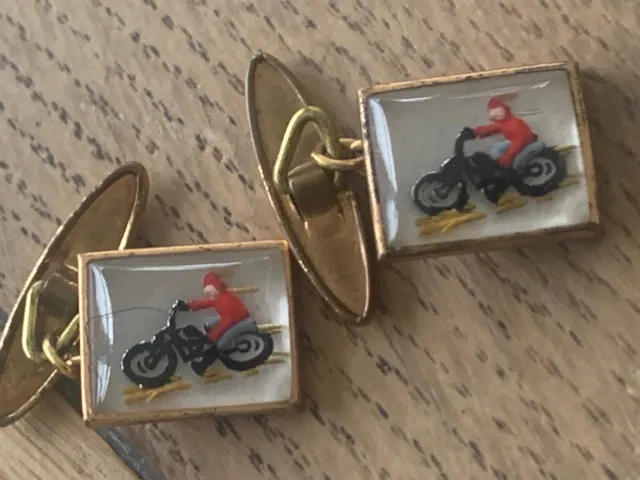 Gemelli vintage da uomo moto intagliati retro lucite anni '40 ottone dorato
