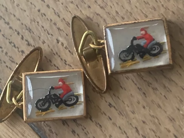 Gemelli vintage da uomo moto intagliati retro lucite anni '40 ottone dorato
