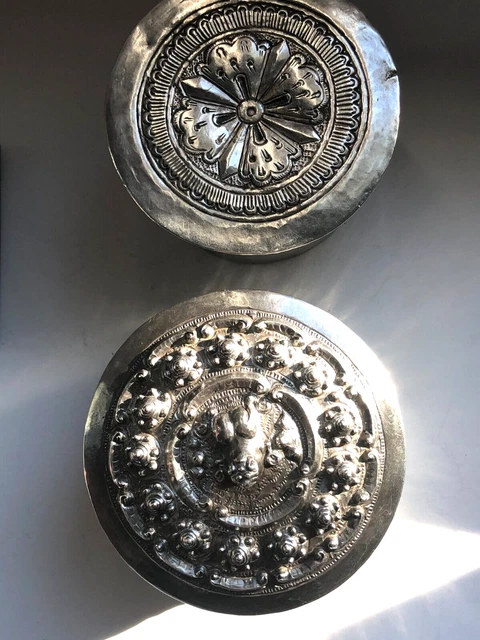 Antique Burmese Betel Nut Box Silver Repousse Floral and Zodiac Design