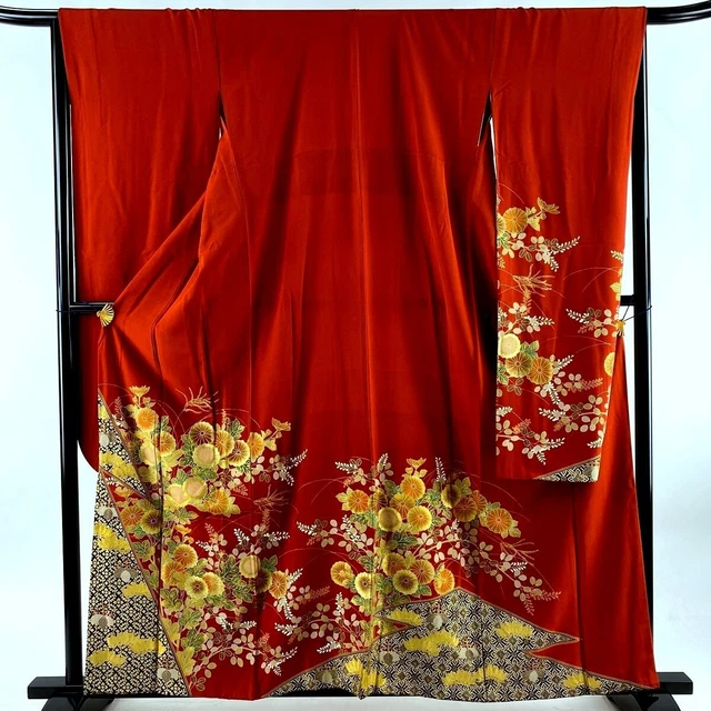 Japanese kimono SILK"FURISODE" long sleeves, KIKU(菊),Plants, Red , L5'3"..3358