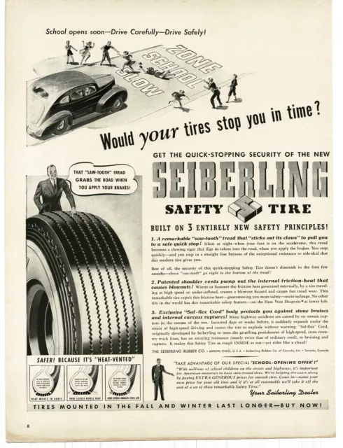 1939 Seiberling Safety Tire slow school zone Vintage Print Ad