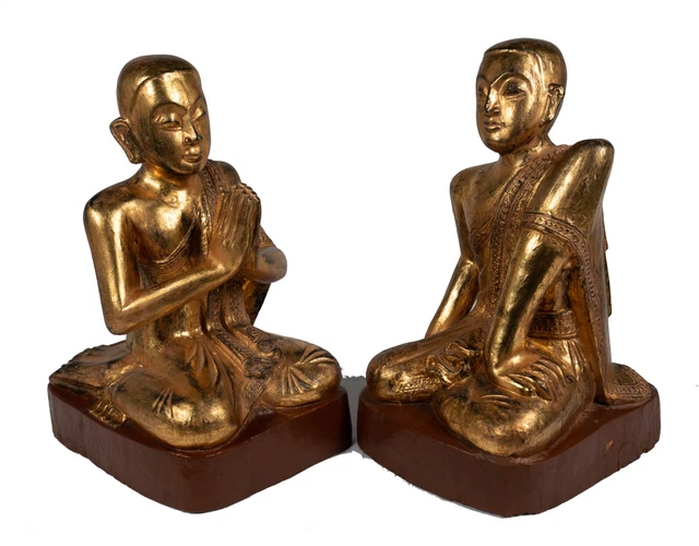 19th Century Burmese Wood Kneeling Buddha Disciples Statue (Pair) - 46cm/18"