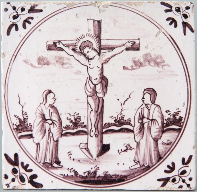 Nice Dutch Delft manganese biblical tile, John: 19,26-27, 18th. century.