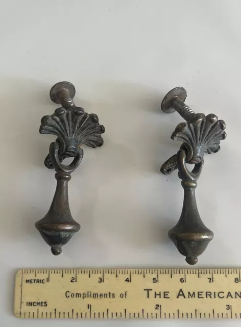 2 AUTHENTIC Antique Victorian Eastlake Teardrop Brass Drawer Pulls Handles Knobs