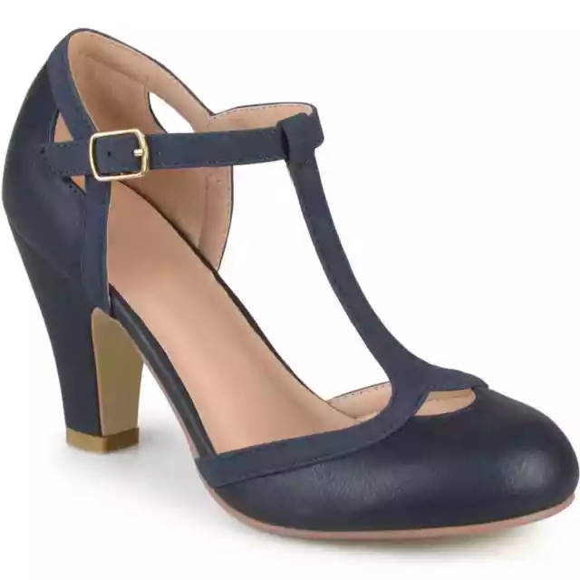 Journee Collection Women T Strap Mary Jane Heels Olina Size US 8W Navy Blue