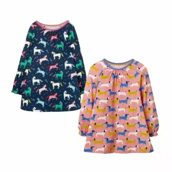 Nuovo abito a tunica MINI BODEN a maniche lunghe per ragazze stampa unicorno cane cotone 2-12 anni