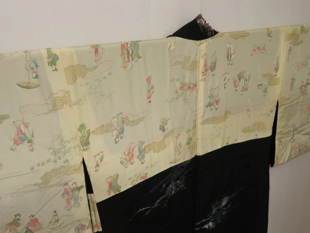 1121H02z600 Vintage Japanese Kimono Silk HAORI Black Branch