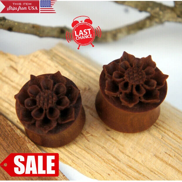 PAIR Sawo Wood Sun Flower Organic Handcarved Double Flare Ear Plugs Gauges 0G-1"