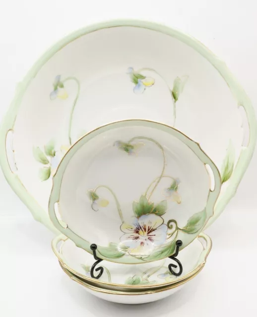 Antique Nippon Hand-Painted Porcelain Plates, Set of Four, Floral Pansy Design