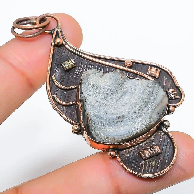 Desert Rose Druzy Gemstone Handmade Ethnic Copper Jewelry Pendant 2.80"