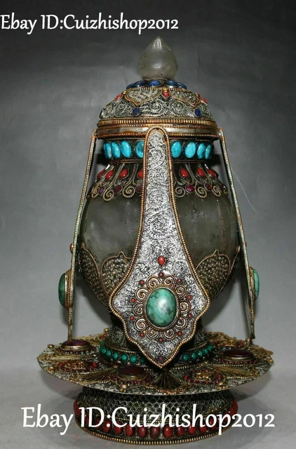 Pure Silver Filigree Crystal Gold Gem Turquoise 8 Auspicious Bottle Pot Jar Jug