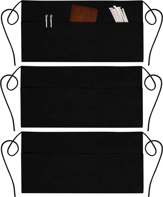 3 Pack Waist Apron Waitress Apron Water Resistant Waist Seams Half Apron Black